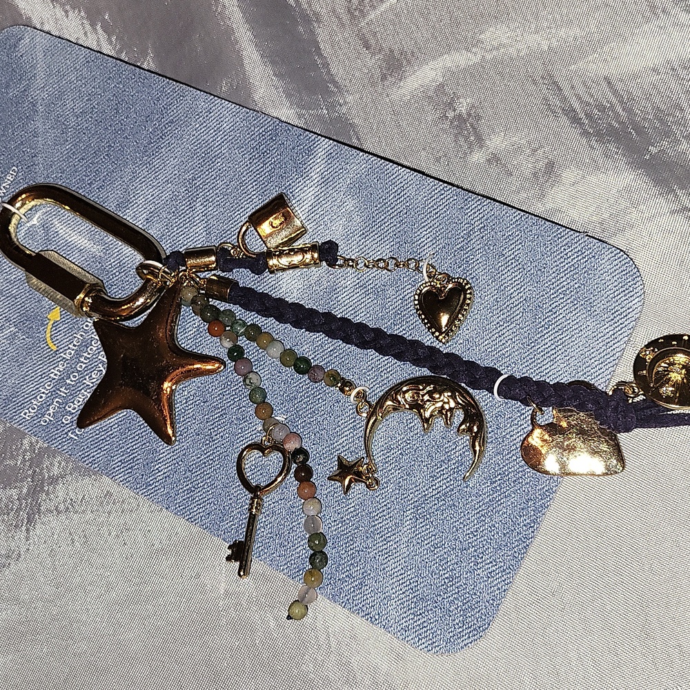 Atterri Moon, Star, Key, Lock Gold and Black Bag Charm Keychain